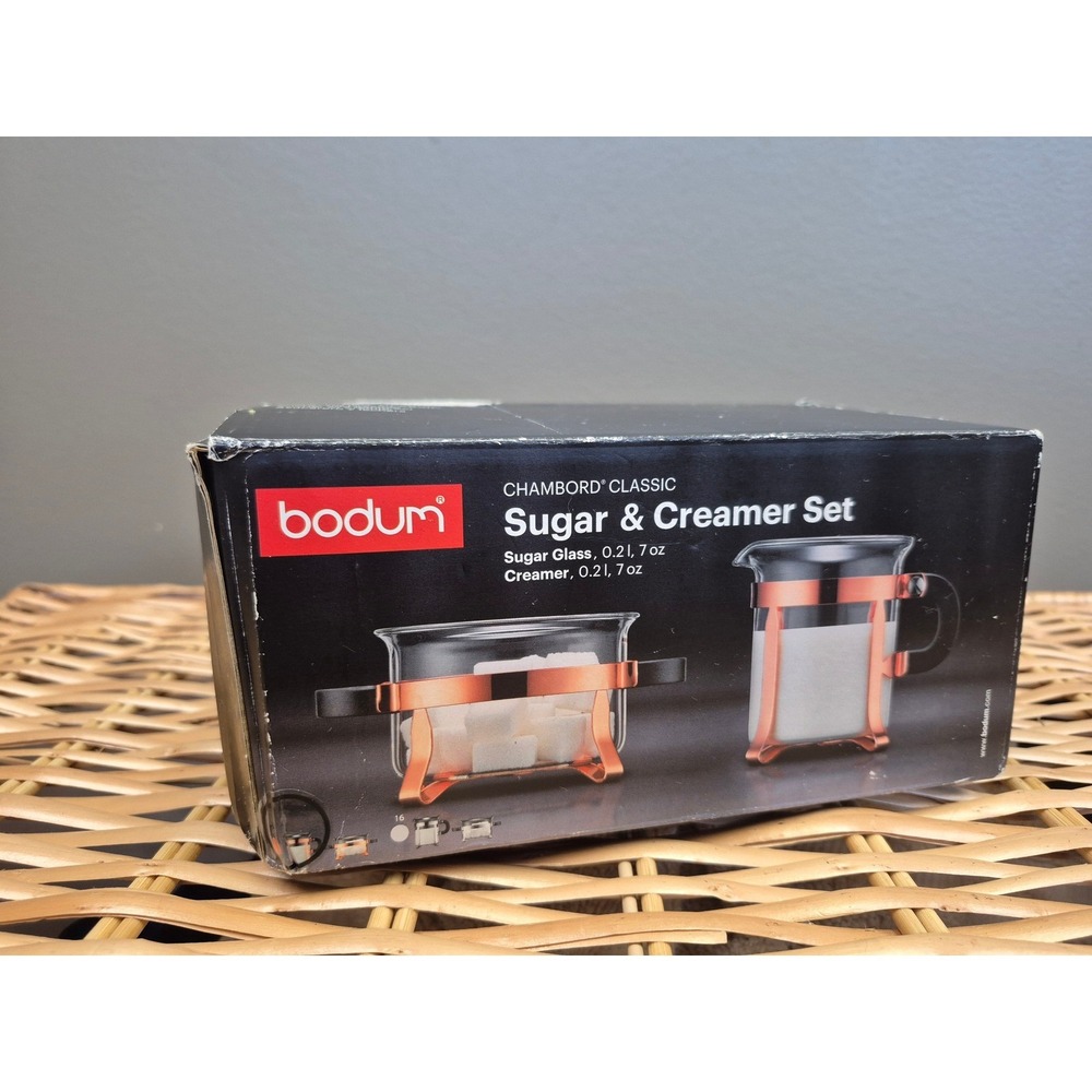 Bodum Chambord Sugar Creamer Set NIB 7oz Copper Plated Glass Coffee Tea 2pc New